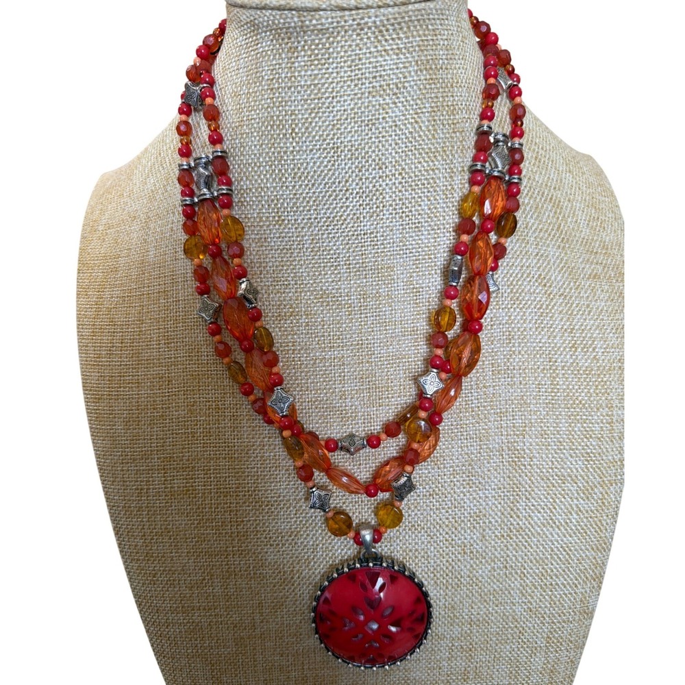 Multistrand Red Orange Beaded‎ Statement Necklace Carved Circular Pendant Boho